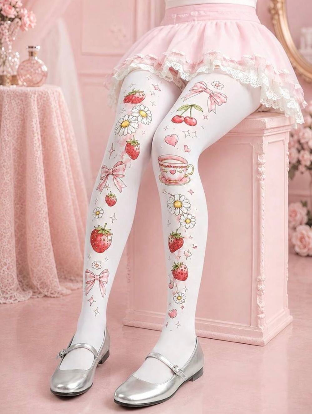 NWT White, Pink & Red Strawberry Cherry Teacup Bow Floral Print Tights